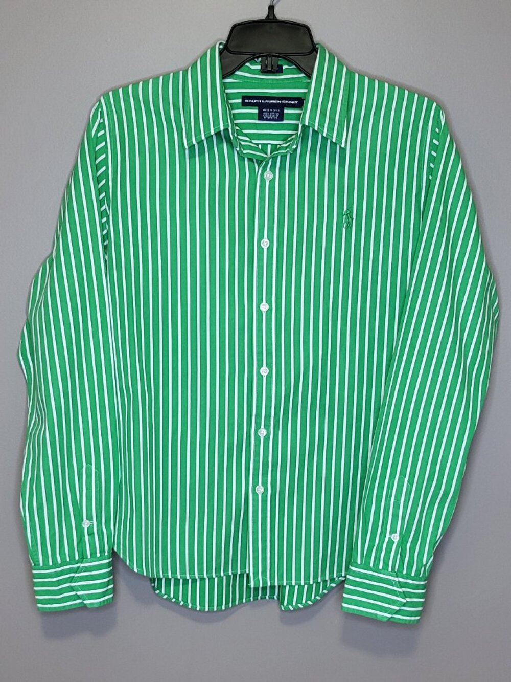 Ralph Lauren Sport Green White Striped Slim Fit Button Down Shirt Size 14